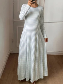 Dazy Maternity Contrast Stripe Umbrella Skirt Long Sleeve Round Neck Casual Vacation Versatile Daily Spring Autumn Maternity Dress - Blue - View 6