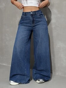 SHEIN Tall 女款休閒日常旅行牛仔褲，附口袋與鈕扣 - 中等水洗藍 - 查看 7