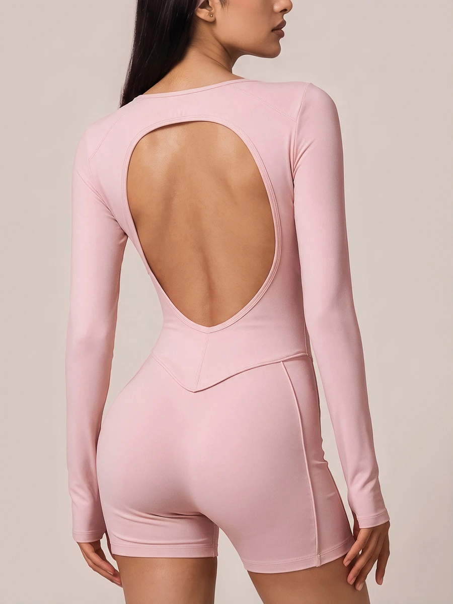 SHEIN BAE 女款純色露背設計長袖運動連身褲 - 淺粉色 - 查看 1