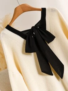 CosyJoli Plus Size Elegant French Casual Commute Minimalist Back Bowknot Knit Versatile Sweater Top For Women Winter - Apricot - View 4