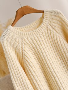 Elaquor Plus Size Women's Solid Color Round Neck Raglan Long Sleeve Casual Pullover Sweater - Apricot - View 4