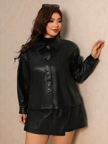 Elaquor Plus Size Women's Solid Color PU Leather Single-Breasted Jacket And Skort Fashion 2 Pieces Set Winter - Black - View 4