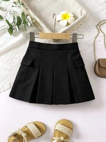 SHEIN Genkimix Kids 女童裙子，校園風，都市風，涼爽舒適，適合秋冬春夏，4-7歲女童百搭，適合外出、上學、度假、旅行，時尚百搭 - 黑色 - 查看 1