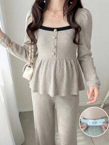 Dazy Maternity Setelan 2 Potong Atasan Pullover Lengan Panjang dan Celana dengan Motif Garis-Garis dan Patchwork Warna Kontras di Bagian Bawah, Cocok untuk Pakaian Rumah Sehari-hari Musim Semi dan Gugur serta untuk Ibu Hamil - Grey - View 1