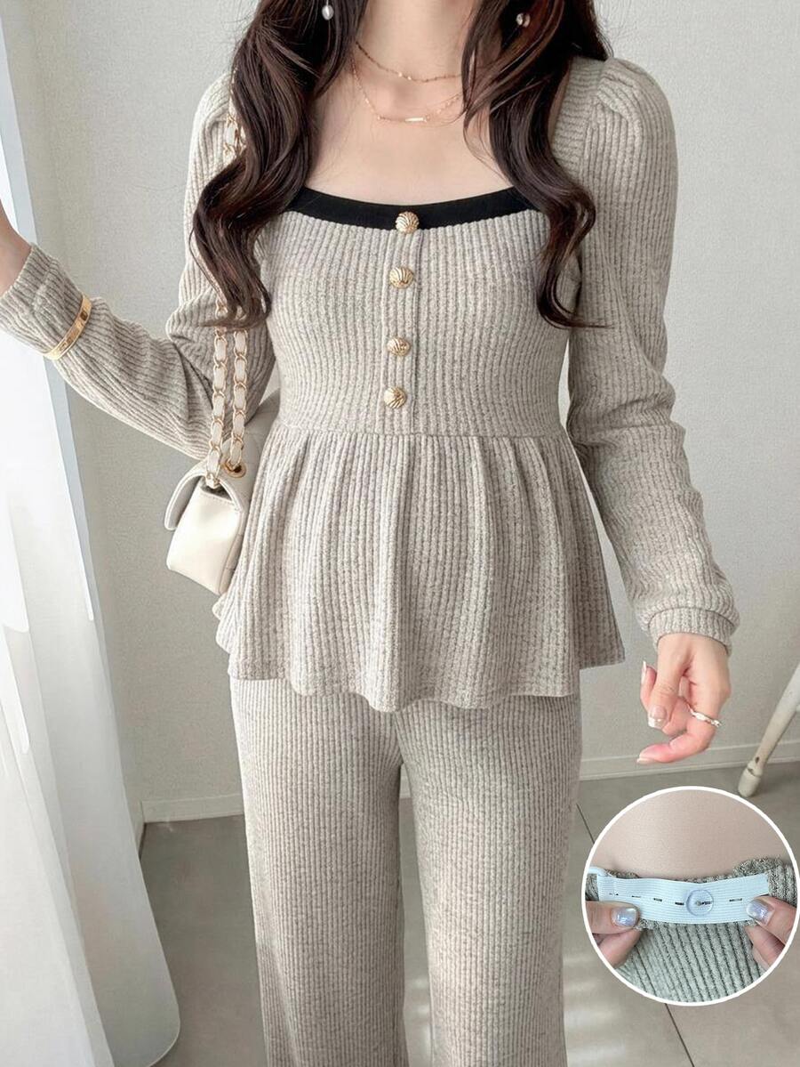 Dazy Maternity Setelan 2 Potong Atasan Pullover Lengan Panjang dan Celana dengan Motif Garis-Garis dan Patchwork Warna Kontras di Bagian Bawah, Cocok untuk Pakaian Rumah Sehari-hari Musim Semi dan Gugur serta untuk Ibu Hamil - Grey - View 1