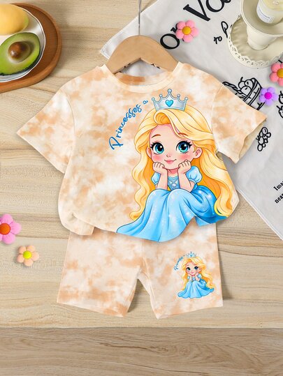 SHEIN 1 Set Young Girls Casual Sweet Cartoon Crown Princess Tie-Dye Print Round Neck Short Sleeve T-Shirt And Knitted Fitted Shorts Set, Young Girl Casual Comfortable T-Shirt Outfit, Summer Outfits