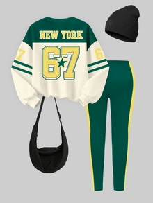 Young Girls Fall New York Letter Color Block Crew Neck Sweatshirt & Pants Set In Dark Green & Gold, Casual Autumn Outfit - Multicolor - View 2