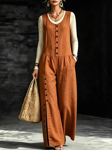 SHEIN Women's Solid Color Button Front Pocket Wide Leg Sleeveless Jumpsuit - Orange - View 6