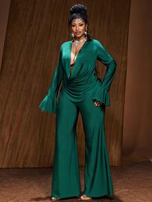 Maweii Plus Size Women Sexy Cowl Neck Top And Flare Leg Pants Set Fall - Dark Green - View 3