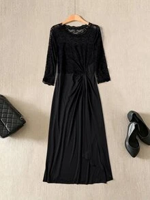 Rusticease Sweet Lace Pleated Dress For Middle-Aged And Elderly Women - Black - View 3