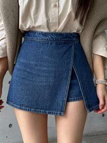 DAZY Women's Solid Color Split Design Casual Versatile Skort - Blue - View 1