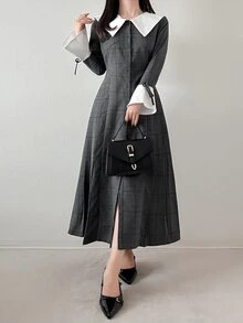 FRIFUL Women's Colorblock Plaid Casual Daily Summer Long Dress - Black and White - View 2