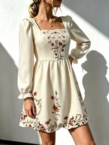 INAWLY Women's Floral Print Square Neck Long Sleeve Casual Short Dress - Apricot - View 4
