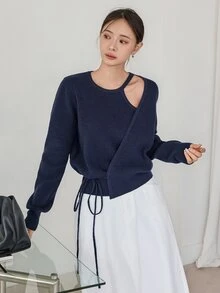 Dazy-Less Women's Solid Color Asymmetric Design Long Sleeve Side Waist Knot Knit Cardigan Business Casual Woman Fall - Navy Blue - View 1