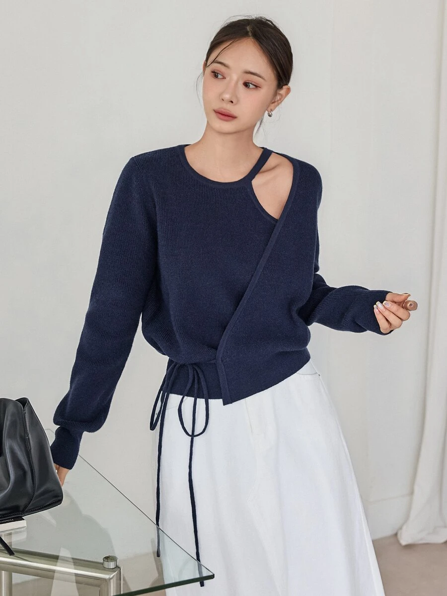 Dazy-Less Women's Solid Color Asymmetric Design Long Sleeve Side Waist Knot Knit Cardigan Business Casual Woman Fall - Navy Blue - View 1