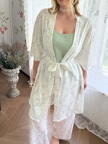 CottageSlumber Plus Size Fresh Ditsy Floral 3 Pieces Pajama Set, Minimalist Long Robe + Comfortable Camisole Loungewear Set - Beige - View 5