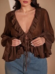 SHEIN BAE 大尺碼女款純色V領休閒百搭日常穿著襯衫 秋季 - 咖啡棕 - 查看 8