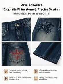 SHEIN ICON Women's Casual Washed Cross Rhinestone Decor Wide Leg Jeans - Blue - View 12