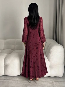 Yasmyna Women's Elegant Floral Flocked Arabian Dress - Red - View 3