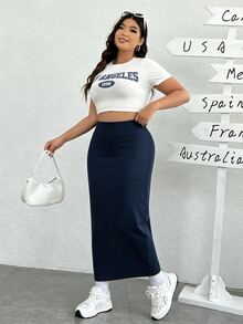 SHEIN EZwear 大尺碼女款純色休閒街頭風寬鬆百搭日常穿著裙 秋季外出晚裝 海軍藍 - 藏蓝色 - 查看 4