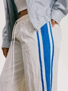 Athîral Women's Casual Athletic Baggy Low Waist Side Split Color Block Blue White Loose Fit Sports Long Pants Running Outdoor Gym Workout Summer - White - View 5