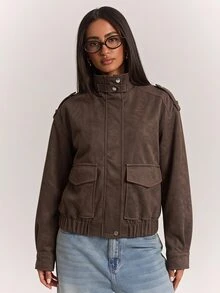 SHEIN BAE Coffee Brown Faux Suede Bomber Jacket, Stand Collar Zip Up With Flap Pockets Ribbed Hem, Casual Street Style Fall Winter Outerwear - Coffee Brown - View 4