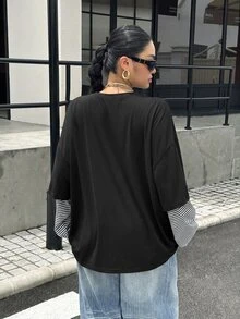 Muchica 大尺碼女款拼接條紋 2 合 1 休閒傳統軟挺 T 恤 正式度假風 黑白配色 秋季 - 黑色 - 查看 2