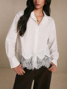 Poéselle Women's Elegant Commute Solid Color Lace Patchwork Blouse - White - View 8