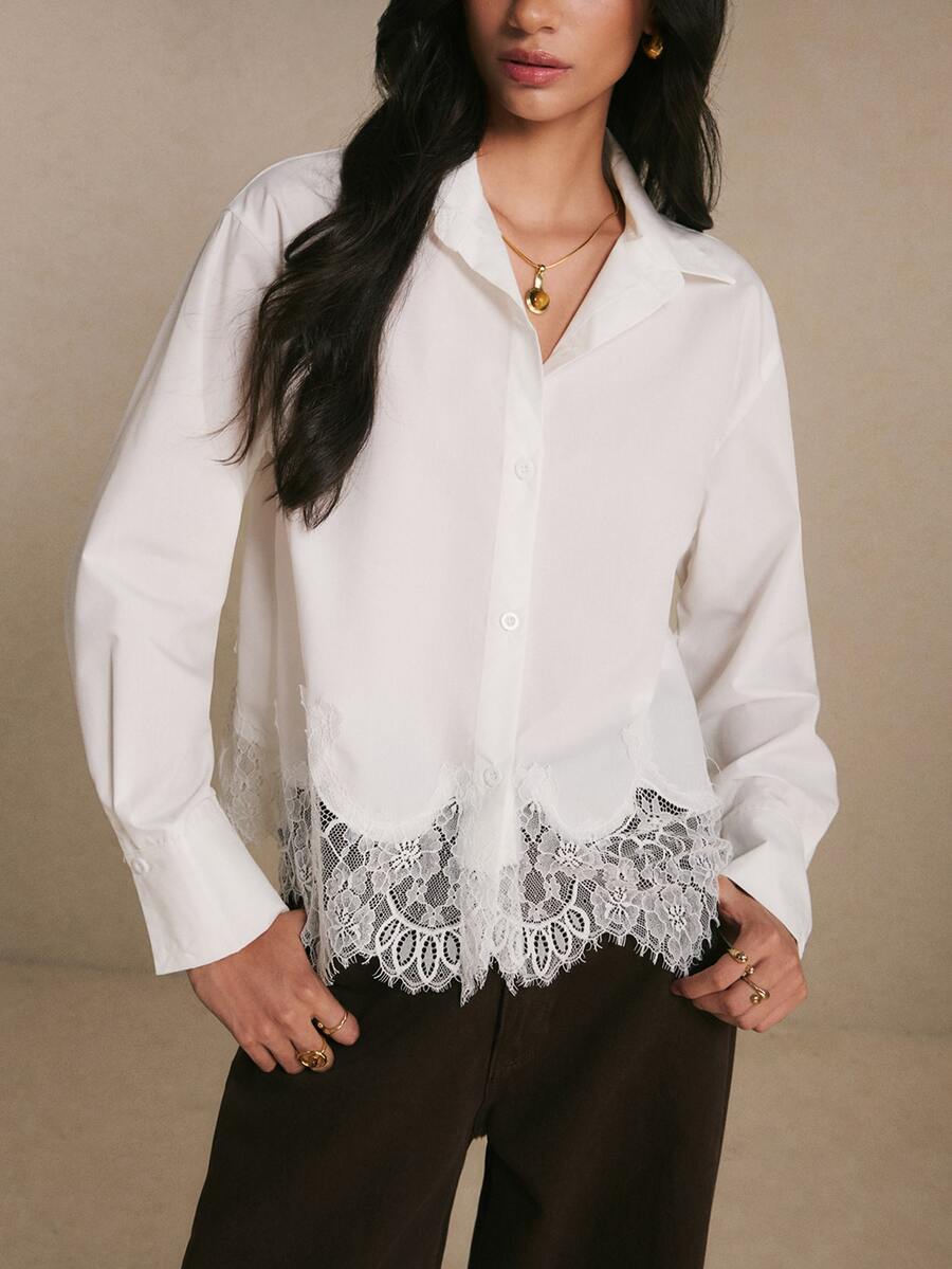 Poéselle Women's Elegant Commute Solid Color Lace Patchwork Blouse - White - View 1