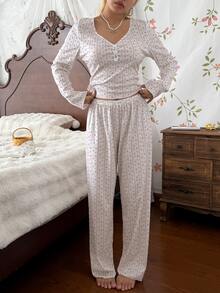 CottageSlumber Ice Silk Ribbed Fabric Striped Ditsy Floral Long Sleeve Long Pants Pajama Set - Multicolor - View 7