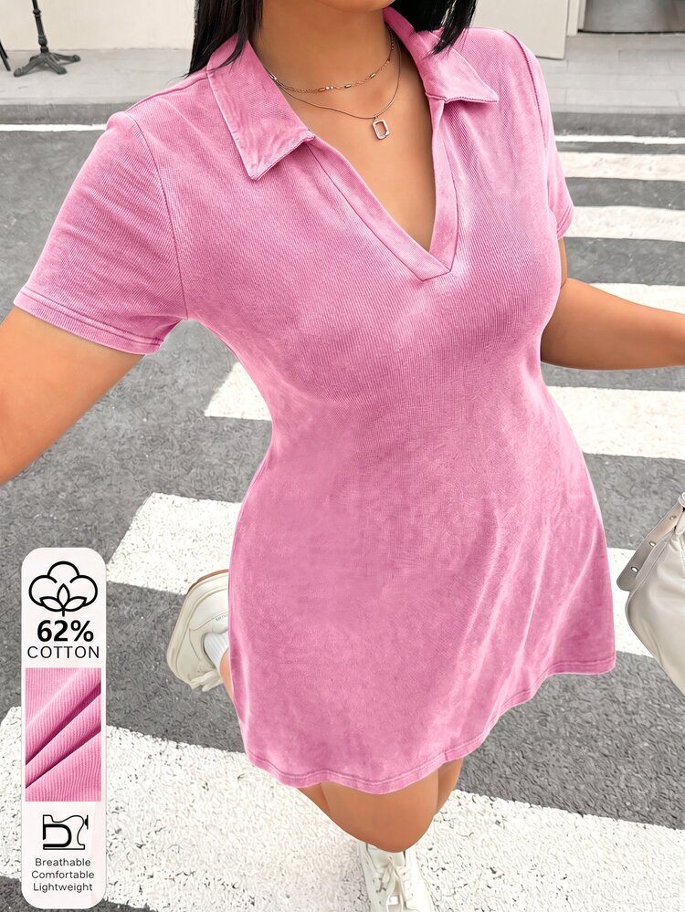 Muchica Pink Plus Size Women's Collared Short Sleeve Casual Dress - Pink - View 1