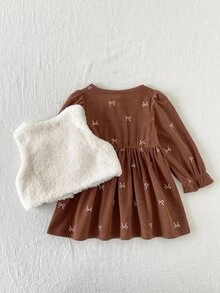 SHEIN Playful Pals 女嬰 2 件套洋裝套裝 秋冬格紋長袖復古甜美米色卡其印花洋裝褲裝襯衫 - 棕色 - 查看 2