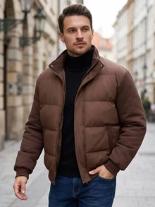 DAZY Brown Padded Body With Contrast Sleeves, Faux Fur Collar Design Men's Padded Coat - Brown - View 4