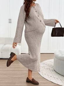 SHEIN Maternity Solid Color Long Sleeve Single-Breasted Knit Cardigan And Adjustable Waist Knit Skirt Set,Autumn And Winter - Camel - View 5
