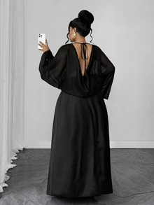 Maweii Plus Size Women Solid Color Lantern Sleeve Backless Sexy Elegant Dress Fall - Black - View 2