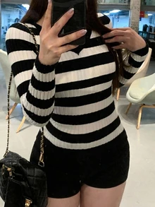 Dazy Plus V-Neck Striped Long Sleeve Korean Style Autumn/Winter Sweater - Black and White - View 1