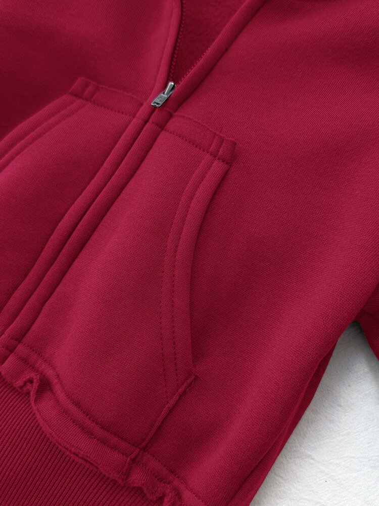 Tween Girl Burgundy Zip-Up Hooded Sweatshirt And Sweatpants Casual Set - Burgundy - View 5