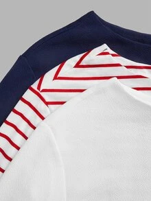 SHEIN EZwear 3件裝厚款船領T恤，海軍藍/白色/條紋，秋季上衣，適合日常通勤、派對、秋冬春夏、聖誕節、新年、感恩節、婚禮、海灘、畢業典禮、優雅、外出、約會、通勤、情人節、度假、Y2K、畢業典禮等場合 - 彩色 - 查看 9