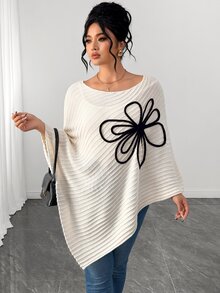 Elenzga Women's Autumn New Single Piece Large Floral Design Square Neck Loose Hem Asymmetrical Fashion Design Elegant Lady Daily Versatile Commute Knit Pullover Plus Size Sweater - Beige - View 5