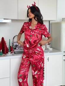 ZzzCrew Christmas Style Faux Silk Lapel Front-Opening Women's Pajama Set - Red - View 6