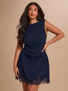 SHEIN BAE CURVE 大尺碼女款黑色蕾絲拼接無袖洋裝 - 藏蓝色 - 查看 5