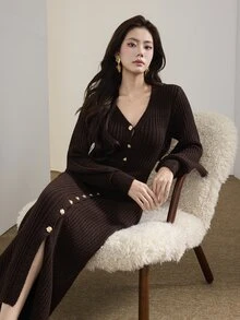 Heiryn Gaun Rajut Elegan Wanita Warna Polos Leher V Lengan Panjang Kancing Tunggal - Coffee Brown - View 5