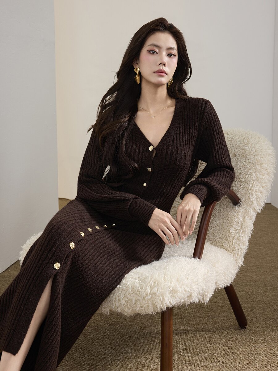 Heiryn Women's Solid Color V-Neck Long Sleeve Single-Breasted Elegant Knit Dress - Coffee Brown - View 1
