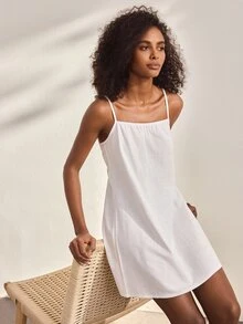 Ocili White Pure Cotton Short Slip Dress, Simple Comfortable Spaghetti Strap Women's Loungewear Dress - White - View 7