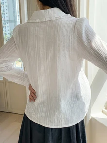 Dazy Maternity Solid Color Loose Long Sleeve Peter Pan Collar Textured Fabric Casual Everyday Versatile Spring Autumn Shirt Maternity Top Vacation - White - View 2
