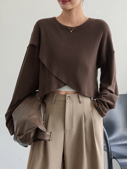 Dazy-Less Women's Solid Color Round Neck Casual Versatile Daily Wear T-Shirt