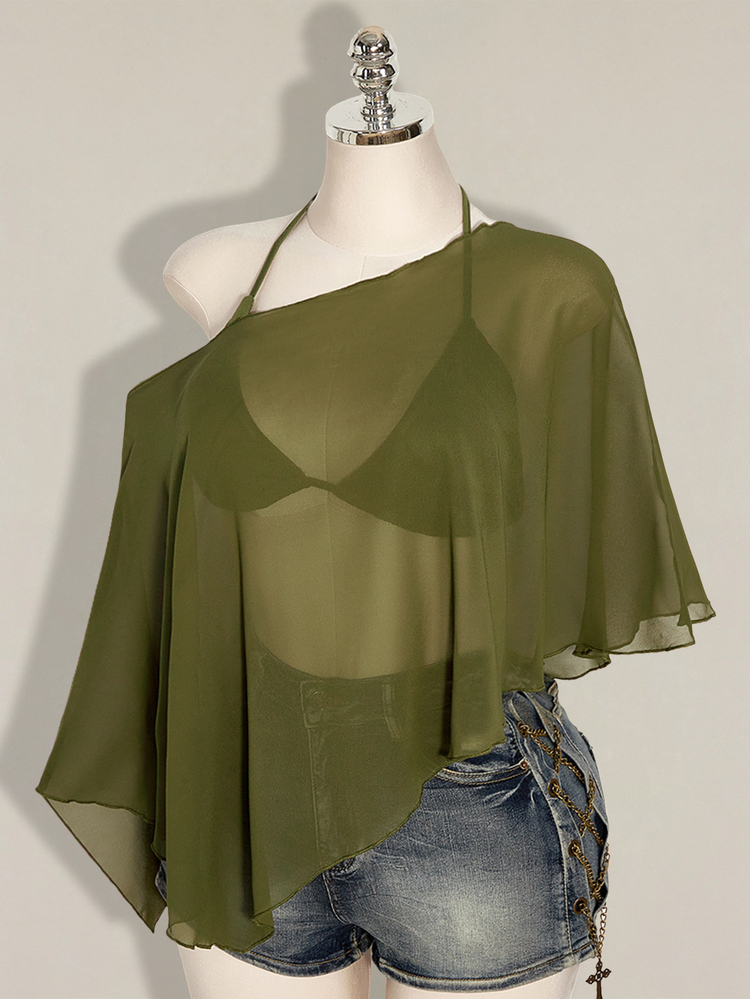 SHEIN ICON Plus Size Chiffon Outerwear & Triangle Cup Tie-Strap Tank Top 2 Pieces Set For Women - Army Green - View 5
