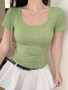 DAZY 女款紋理方領短袖修身 T 恤 - 薄荷綠 - 查看 6