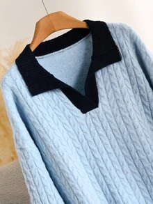 Elaquor Plus Size Elegant Traditional Navy Blue Commuter Date Club Formal Versatile Casual Minimalist Cable Knit Sweater Pullover Women Autumn/Winter - Blue - View 4