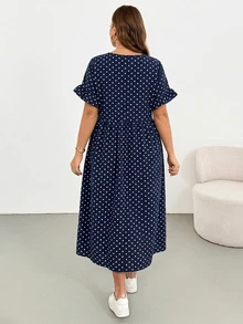 SHEIN Essnce 大尺碼女款波點百褶休閒日常夏季洋裝 - 藏蓝色 - 查看 2